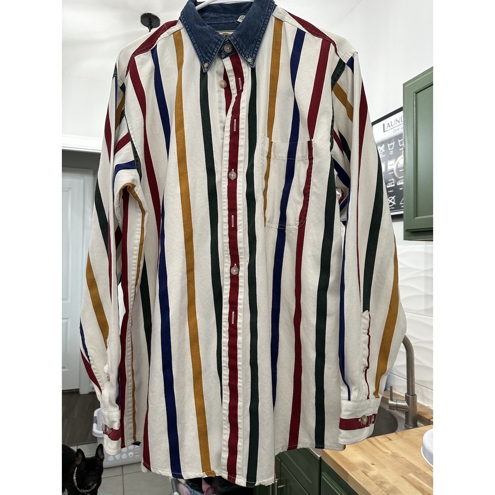 Vintage 90s Halifax Outfitters Mens M Color Block Striped Denim Collar Shirt